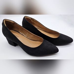 Black flocked dress shoes with two-inch heel from Lane Bryant size 9.5 W